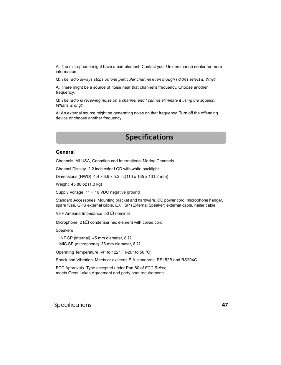 Specifications | Uniden UM-525 User Manual | Page 47 / 60