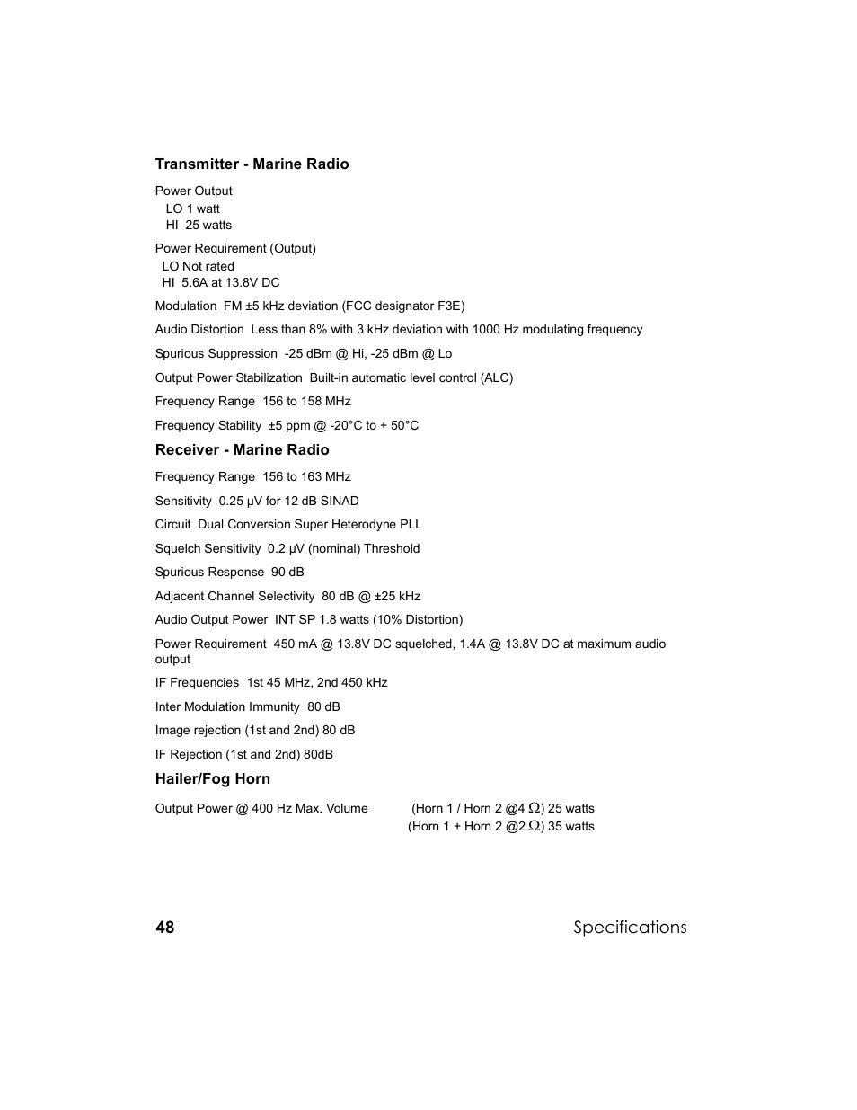 Specifications | Uniden UM-525 User Manual | Page 48 / 60