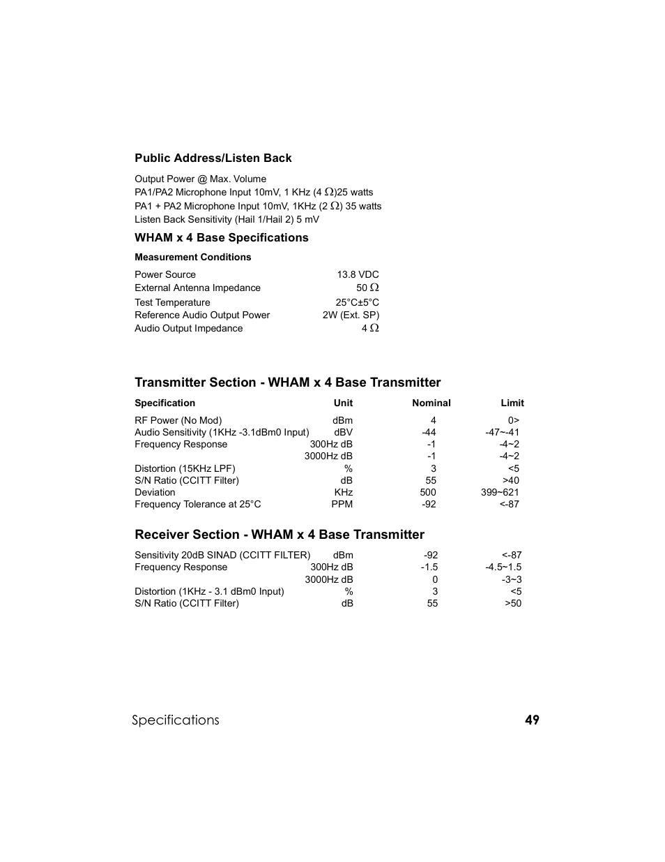 Specifications | Uniden UM-525 User Manual | Page 49 / 60