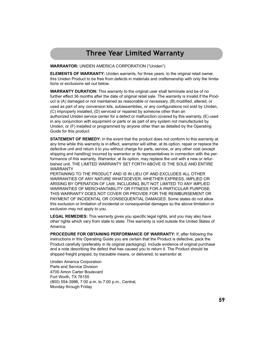 Three year limited warranty | Uniden UM-525 User Manual | Page 59 / 60