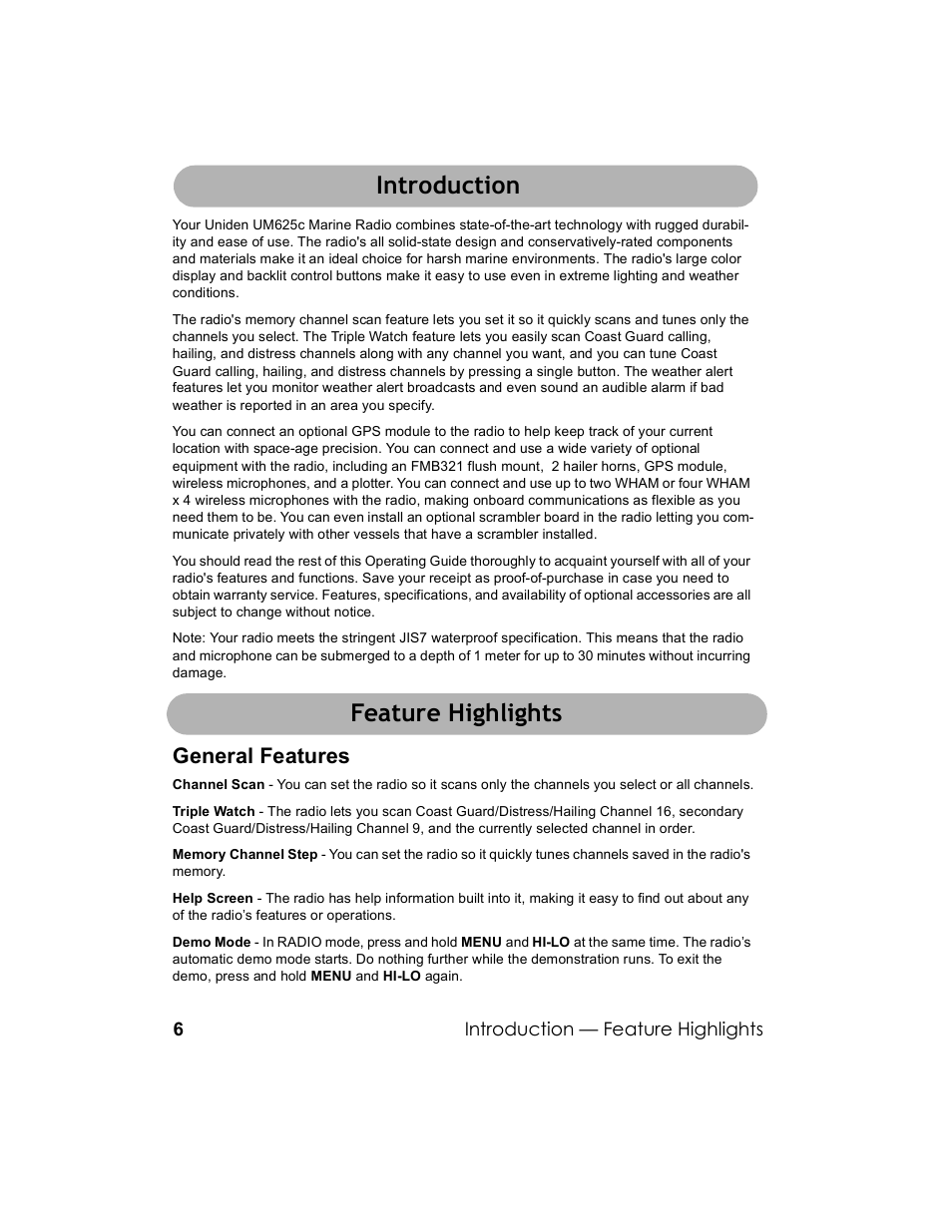 Introduction feature highlights, Introduction, Feature highlights general features | Uniden UM-525 User Manual | Page 6 / 60