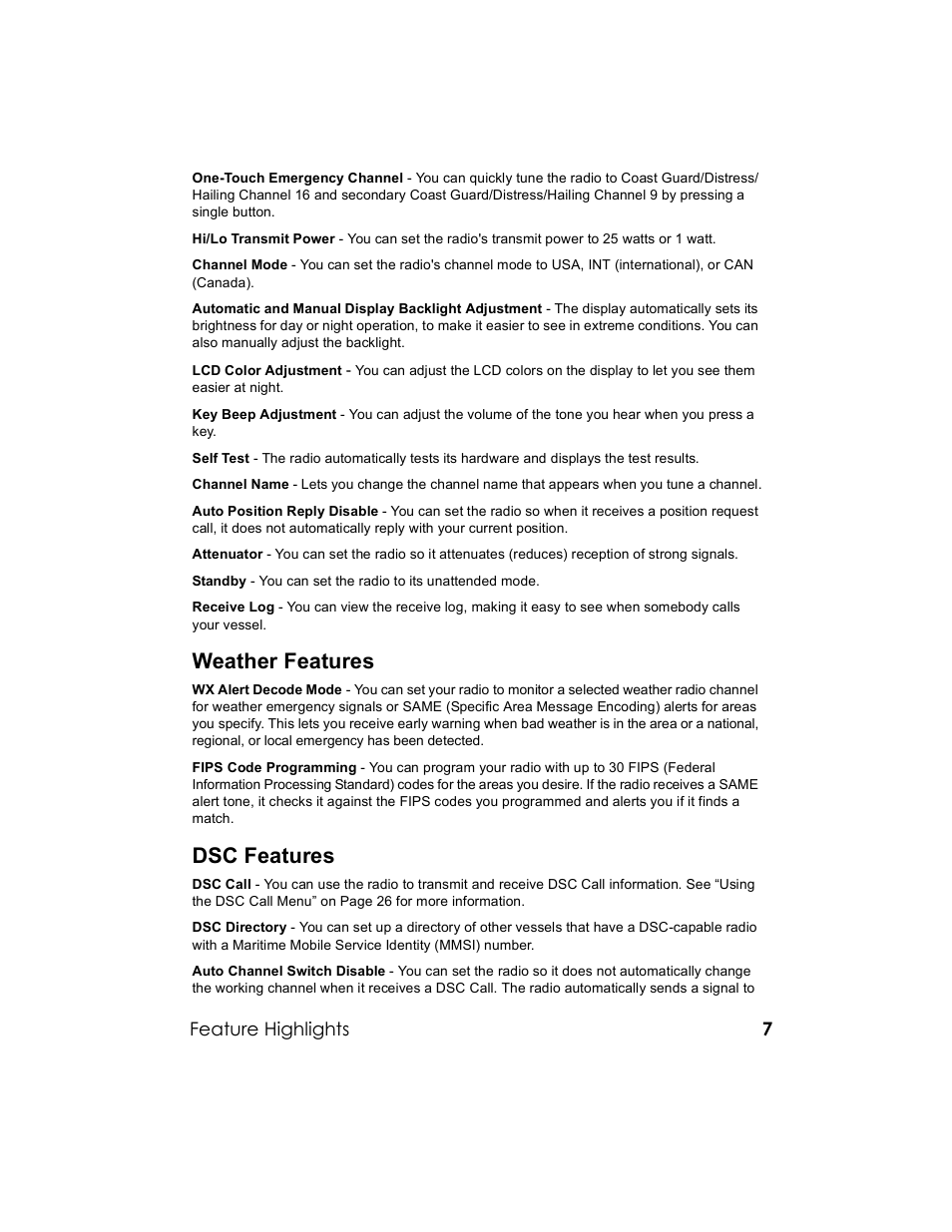 Weather features, Dsc features, Feature highlights | Uniden UM-525 User Manual | Page 7 / 60