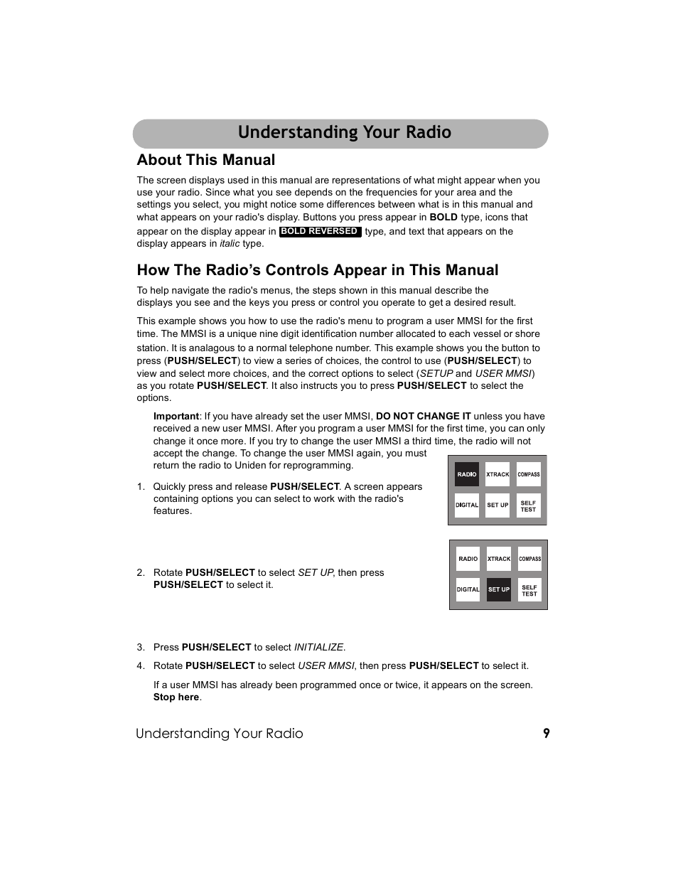 Understanding your radio, Understanding your radio about this manual, How the radio’s controls appear in this manual | Uniden UM-525 User Manual | Page 9 / 60