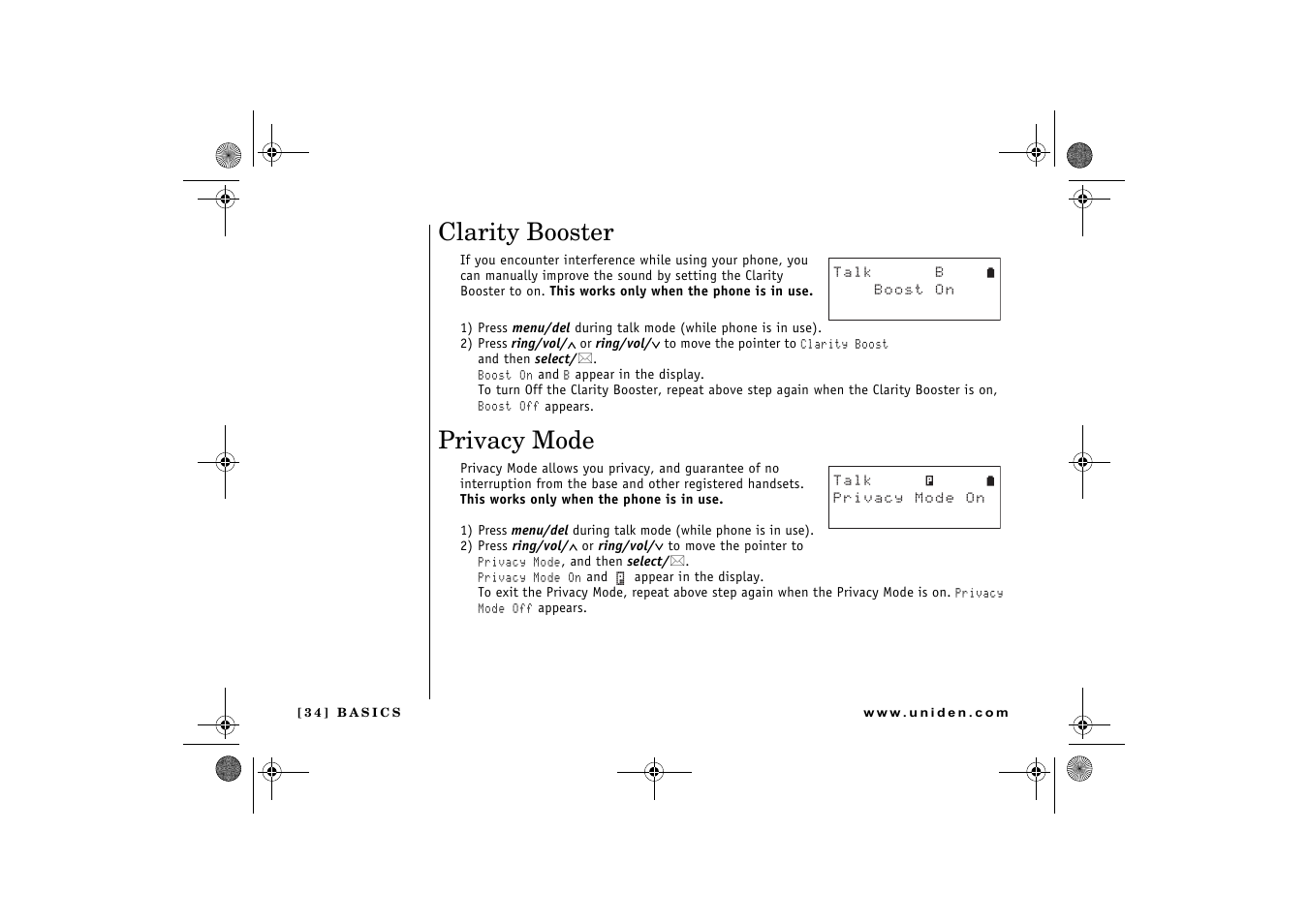 Clarity booster, Privacy mode | Uniden DCX 640 User Manual | Page 36 / 88