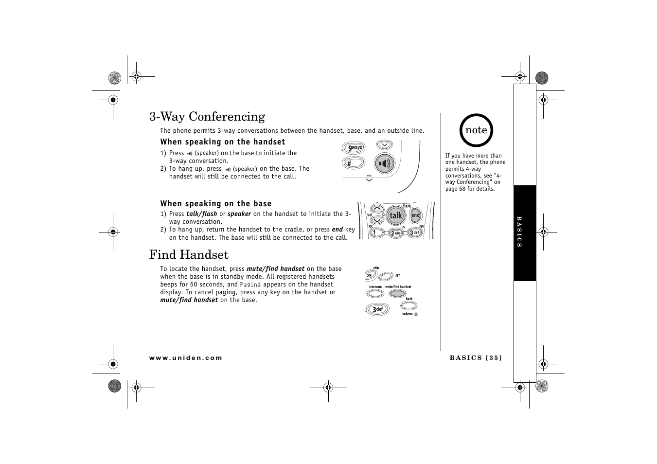 Way conferencing, Find handset | Uniden DCX 640 User Manual | Page 37 / 88