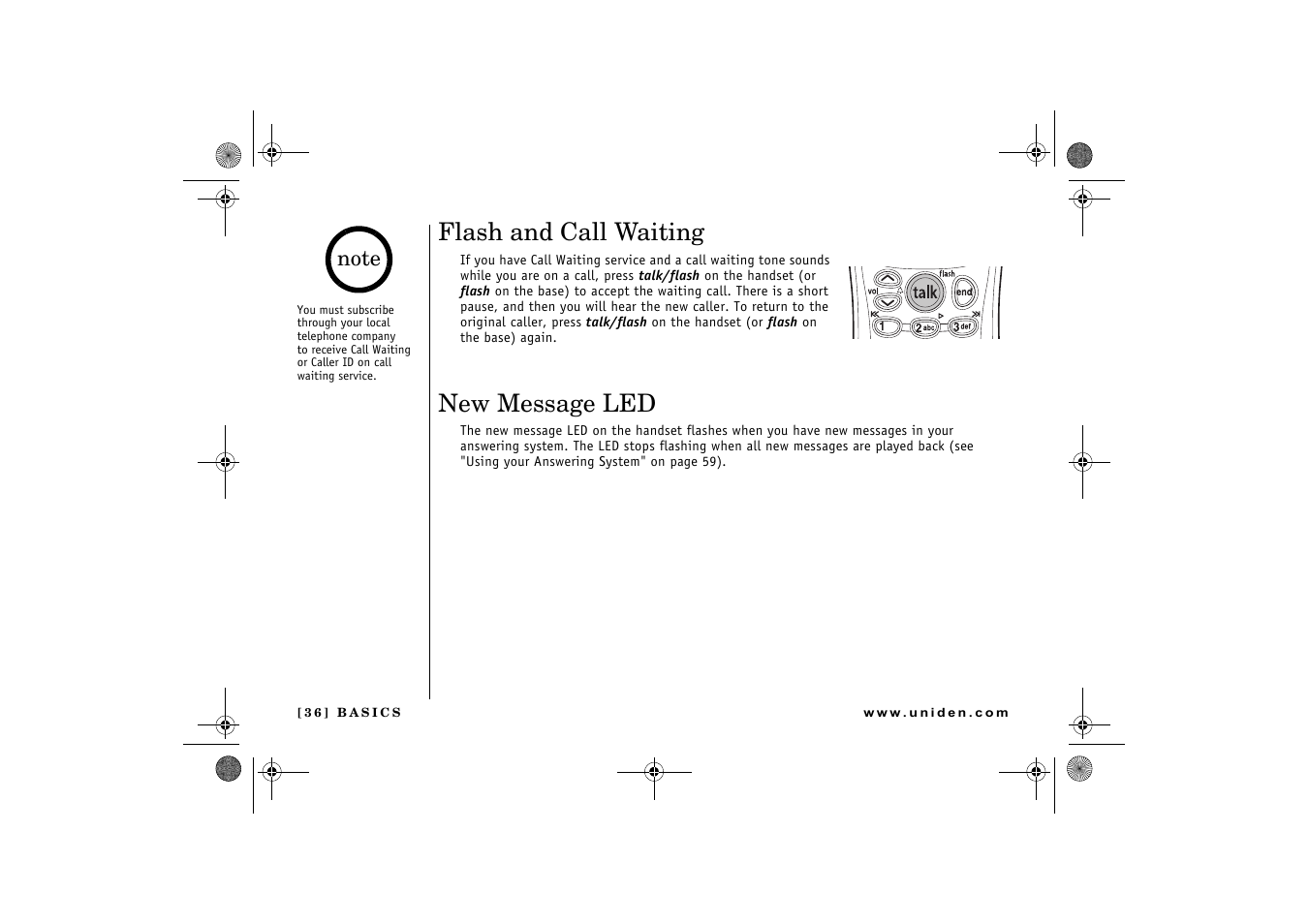 Flash and call waiting, New message led | Uniden DCX 640 User Manual | Page 38 / 88