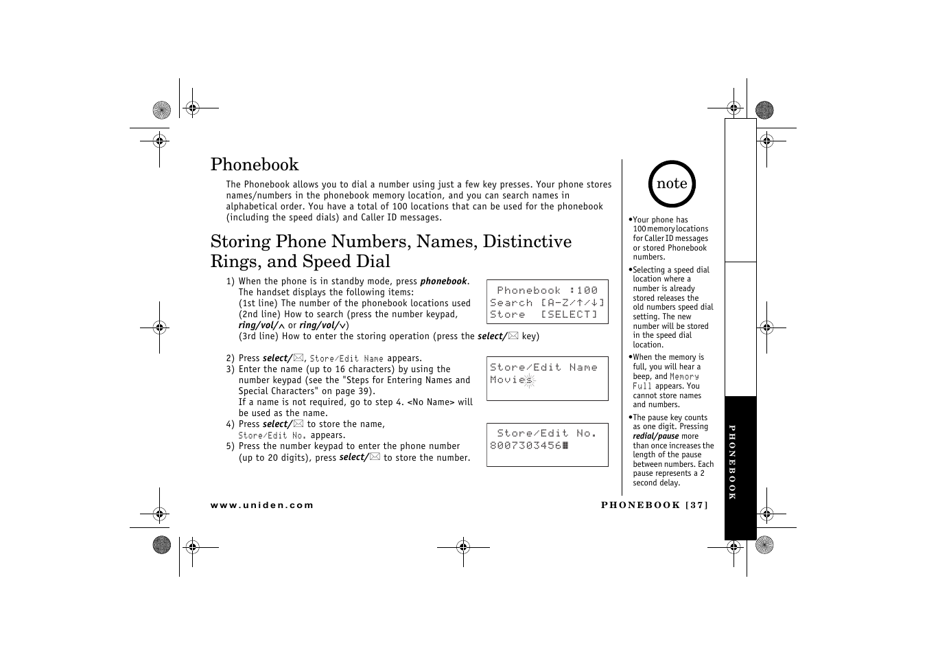 Phonebook | Uniden DCX 640 User Manual | Page 39 / 88