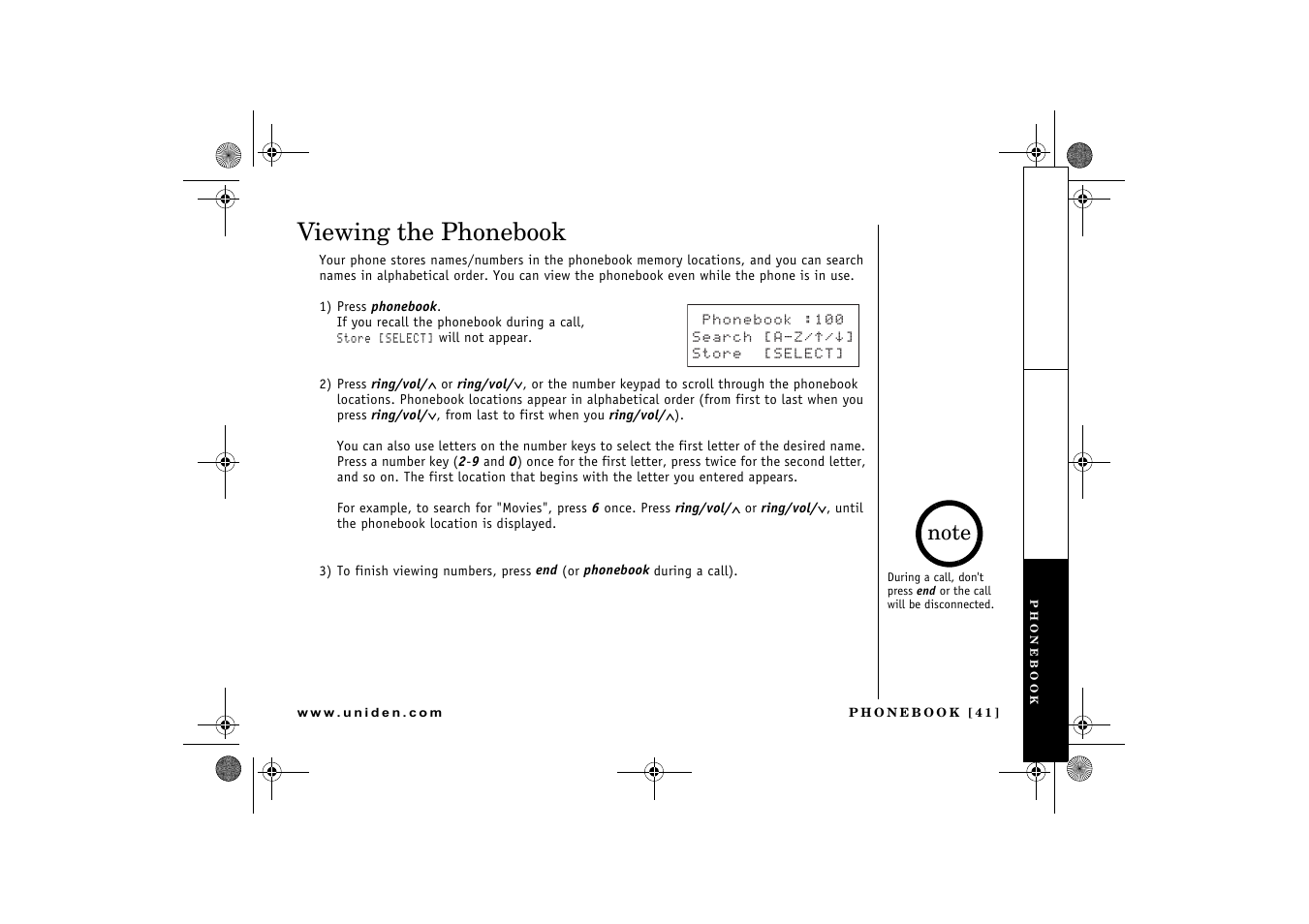 Viewing the phonebook | Uniden DCX 640 User Manual | Page 43 / 88