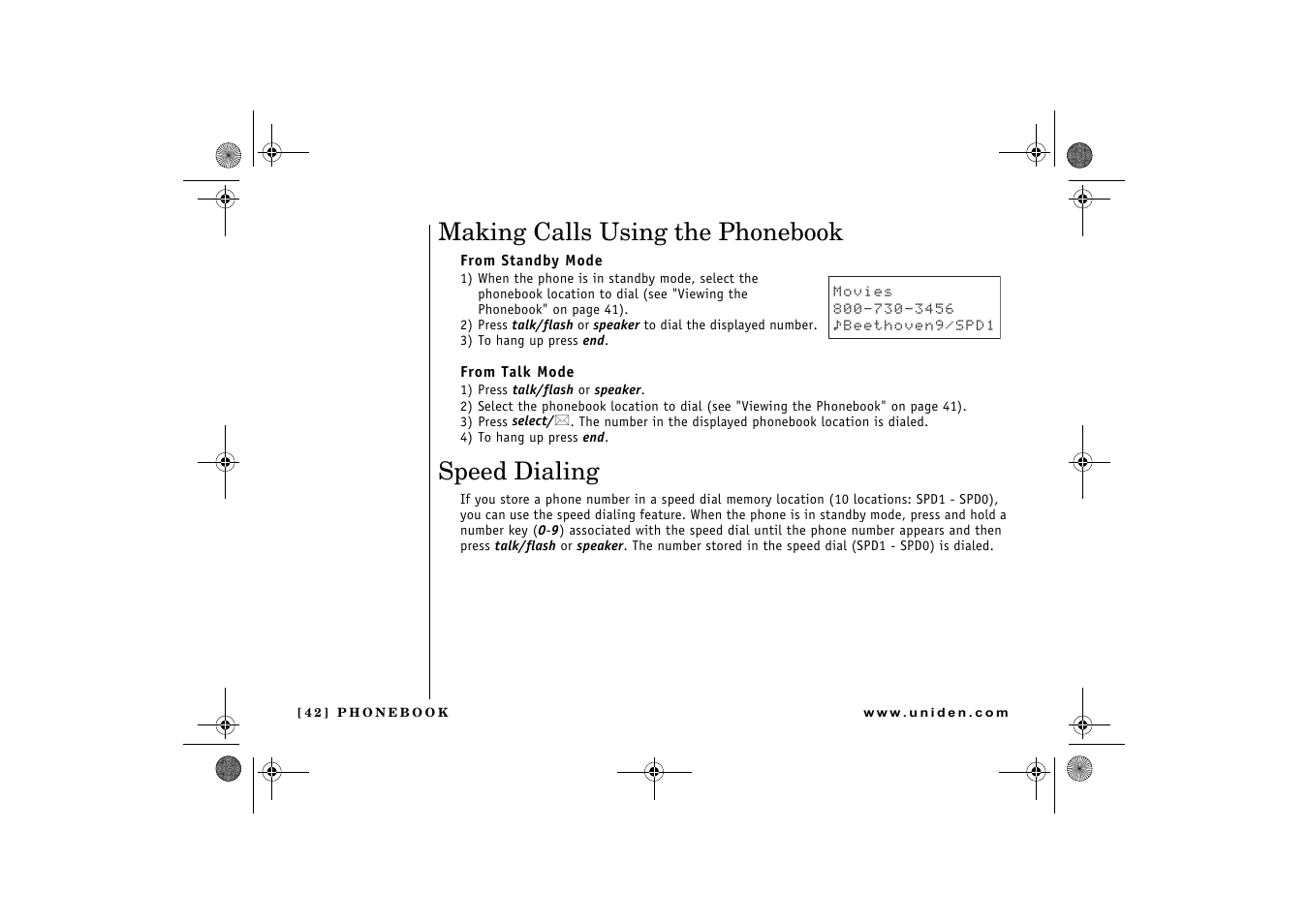 Making calls using the phonebook, Speed dialing | Uniden DCX 640 User Manual | Page 44 / 88