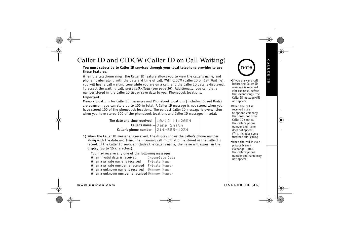 Caller id and cidcw (caller id on call waiting) | Uniden DCX 640 User Manual | Page 47 / 88