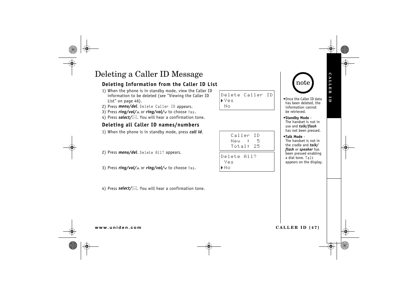 Deleting a caller id message | Uniden DCX 640 User Manual | Page 49 / 88