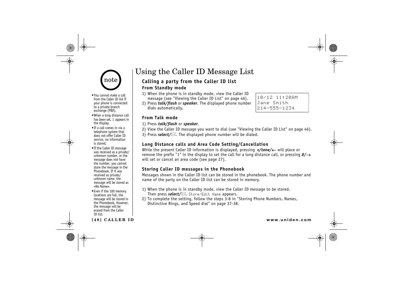 Using the caller id message list | Uniden DCX 640 User Manual | Page 50 / 88