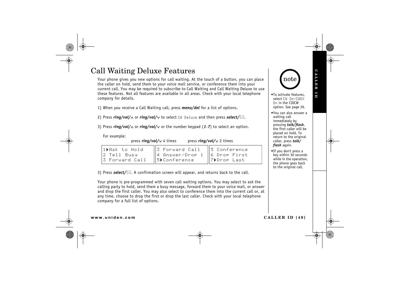 Call waiting deluxe features | Uniden DCX 640 User Manual | Page 51 / 88