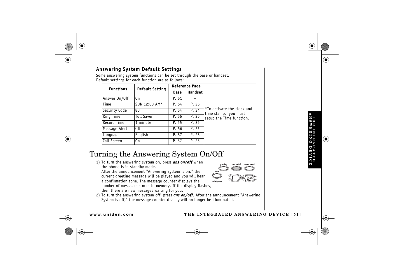 Turning the answering system on/off | Uniden DCX 640 User Manual | Page 53 / 88