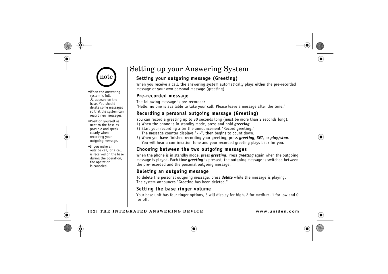 Setting up your answering system | Uniden DCX 640 User Manual | Page 54 / 88