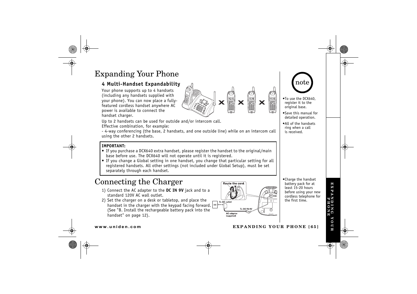 Expanding your phone, Connecting the charger | Uniden DCX 640 User Manual | Page 67 / 88