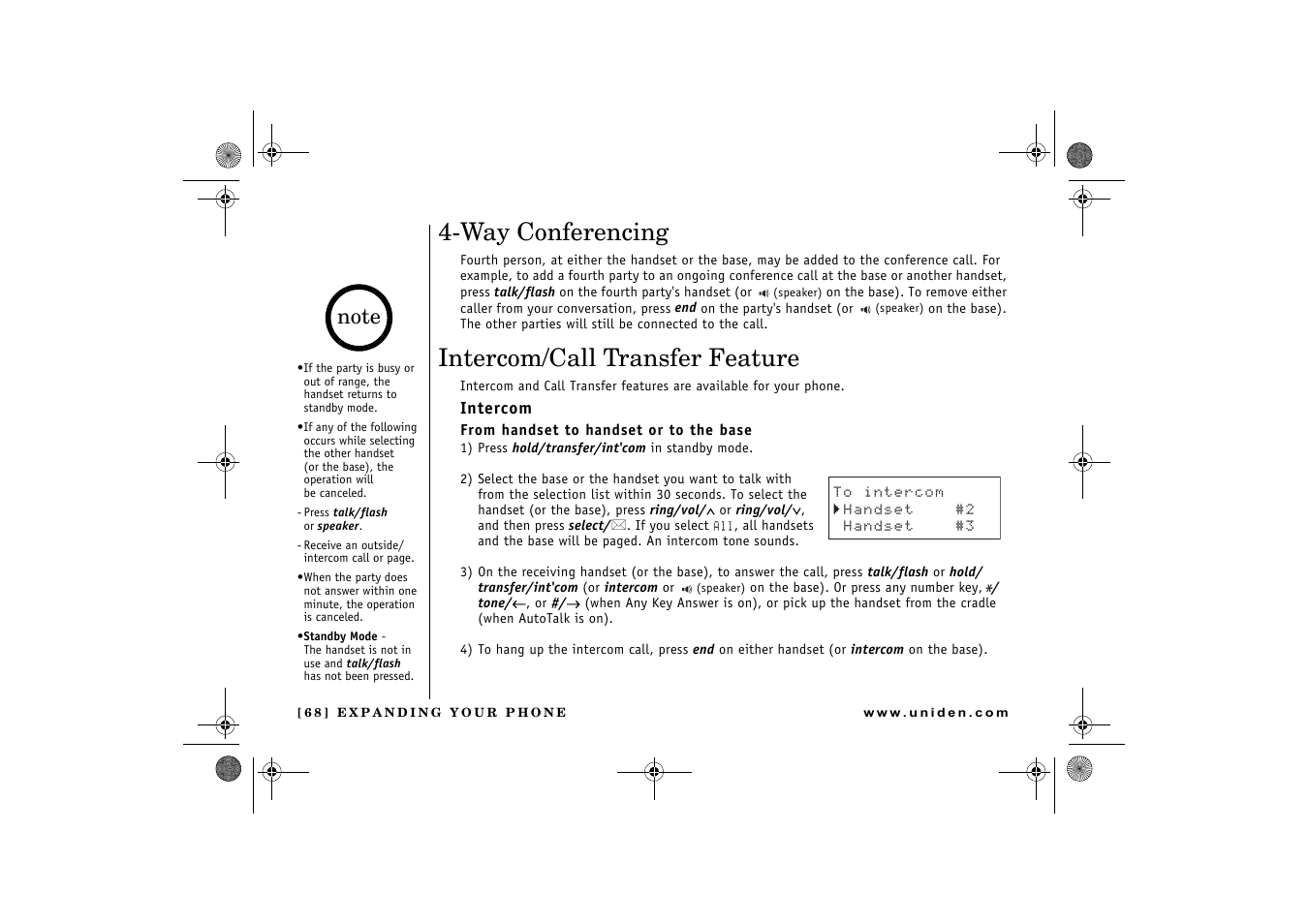 Way conferencing, Intercom/call transfer feature | Uniden DCX 640 User Manual | Page 70 / 88