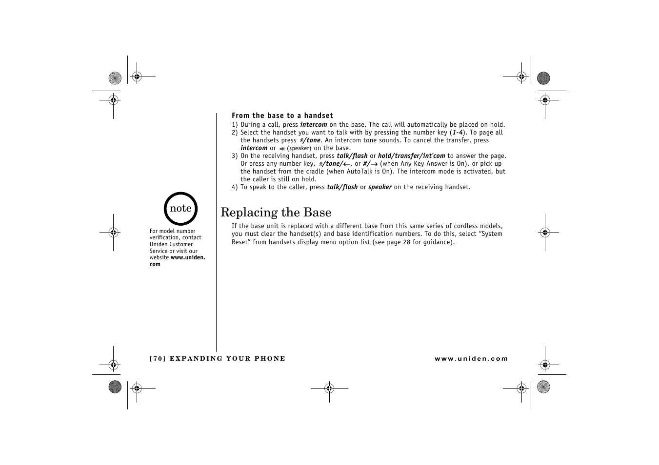 Replacing the base | Uniden DCX 640 User Manual | Page 72 / 88