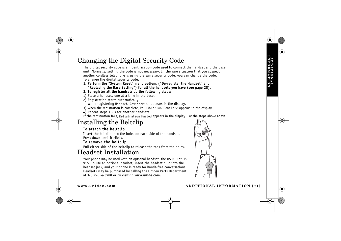 Changing the digital security code, Installing the beltclip, Headset installation | Uniden DCX 640 User Manual | Page 73 / 88