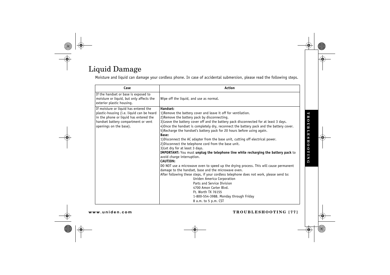 Liquid damage | Uniden DCX 640 User Manual | Page 79 / 88