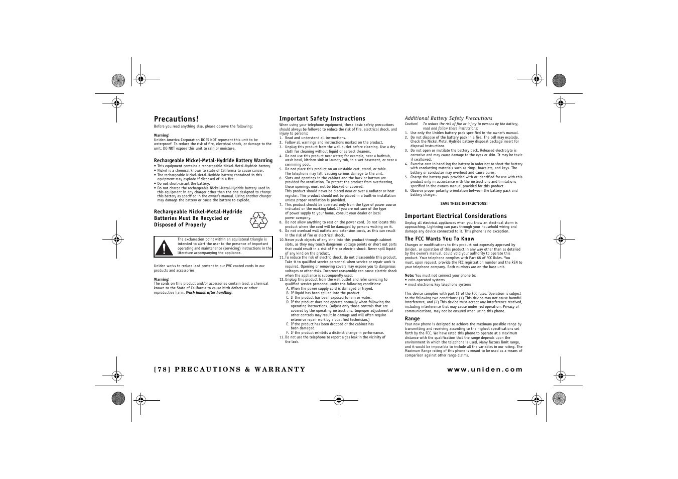 Precautions | Uniden DCX 640 User Manual | Page 80 / 88