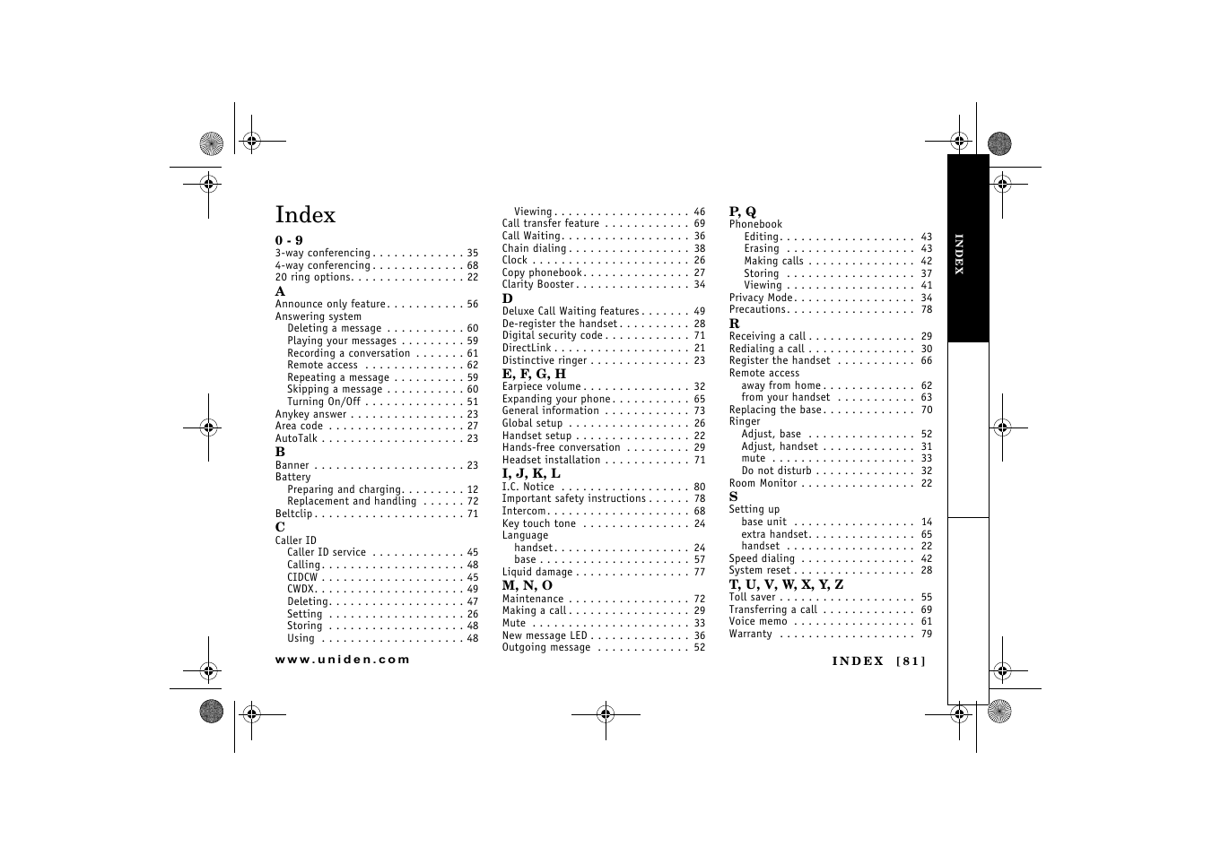 Index | Uniden DCX 640 User Manual | Page 83 / 88