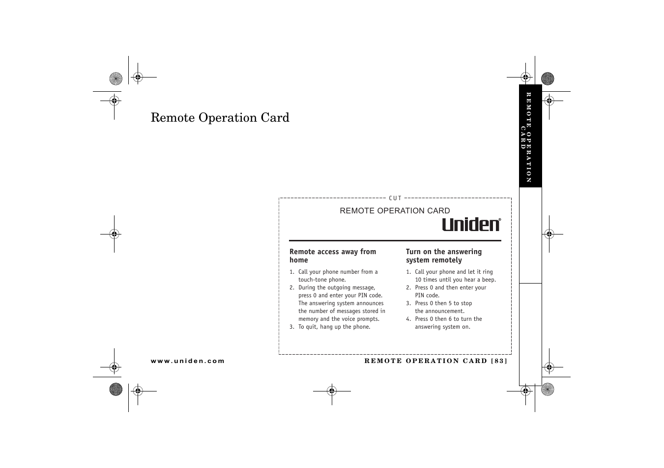Remote operation card | Uniden DCX 640 User Manual | Page 85 / 88