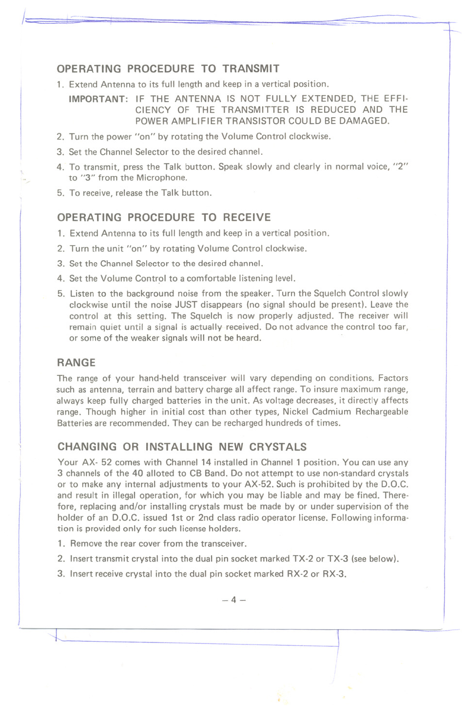 Operating procedure to transmit, Operating procedure to receive, Range | Changing or installing new crystals | Uniden HAND- HELD TRANSCEIVER AX52 User Manual | Page 5 / 8