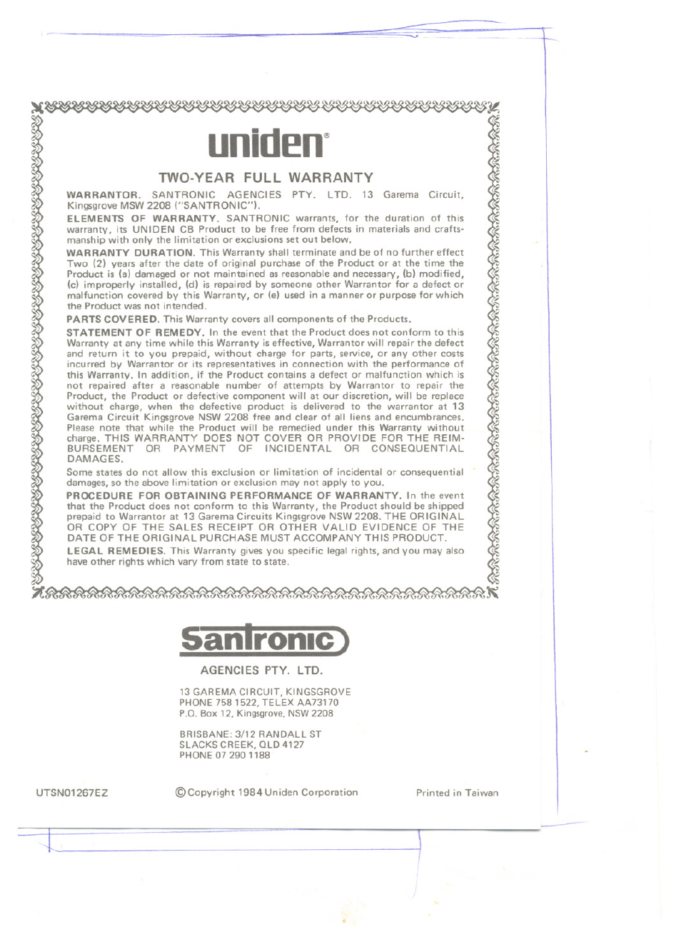 Uniden, Sanironic ), Two-year full warranty | Uniden HAND- HELD TRANSCEIVER AX52 User Manual | Page 8 / 8