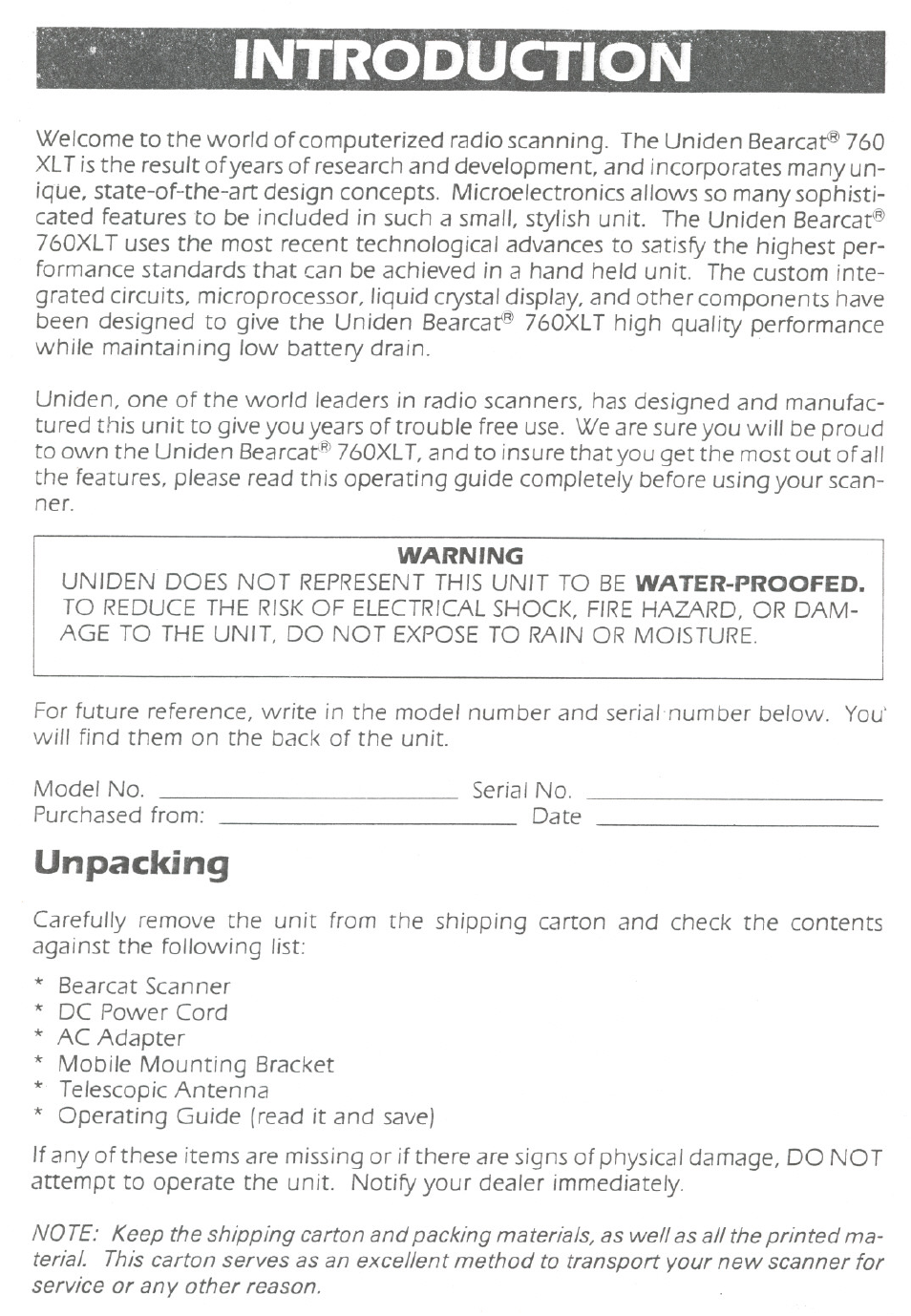 Warning, Unpacking | Uniden UBC760XLT User Manual | Page 2 / 8