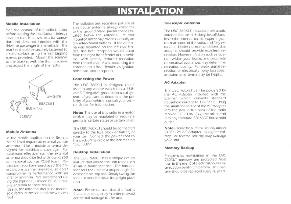 Instais, Mobile installation, Mobile antenna | Connecting the power, Desktop installation, Telescopic antenna, Ac adapter, Memory backup | Uniden UBC760XLT User Manual | Page 7 / 8