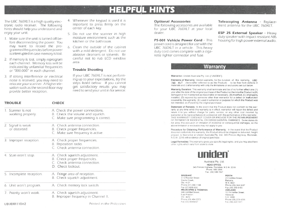 Helpful hints, Trouble shooting, Trouble | Optional accessories, Uniden, Warrant | Uniden UBC760XLT User Manual | Page 8 / 8