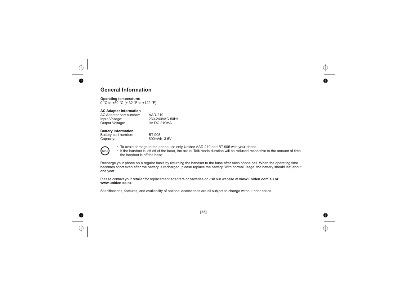 General information | Uniden XS1215 +1 User Manual | Page 36 / 44