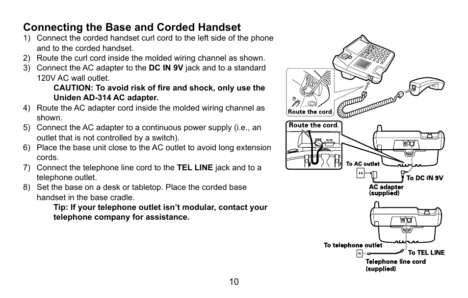 Connecting the base and corded handset, Connecting.the.base.and.corded.handset | Uniden CXA 15698 User Manual | Page 11 / 72