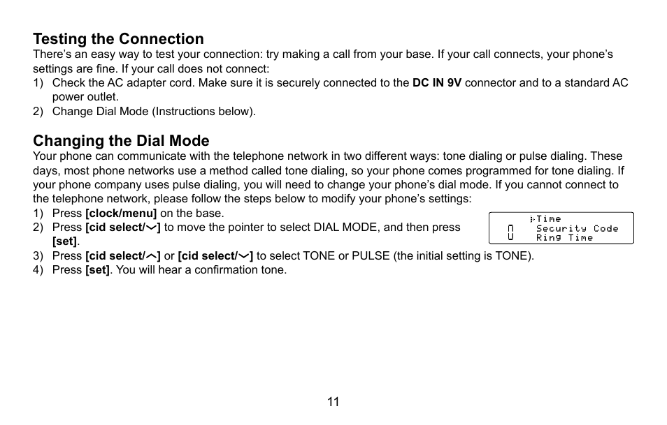 Testing the connection, Changing the dial mode, Testing.the.connection | Changing.the.dial.mode | Uniden CXA 15698 User Manual | Page 12 / 72