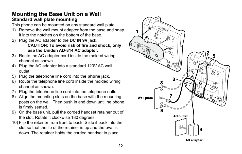 Mounting the base unit on a wall, Standard wall plate mounting, Mounting.the.base.unit.on.a.wall | Uniden CXA 15698 User Manual | Page 13 / 72