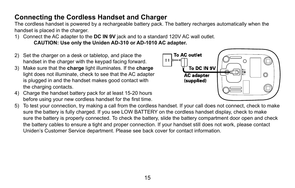 Connecting the cordless handset and charger, Connecting.the.cordless.handset.and.charger | Uniden CXA 15698 User Manual | Page 16 / 72