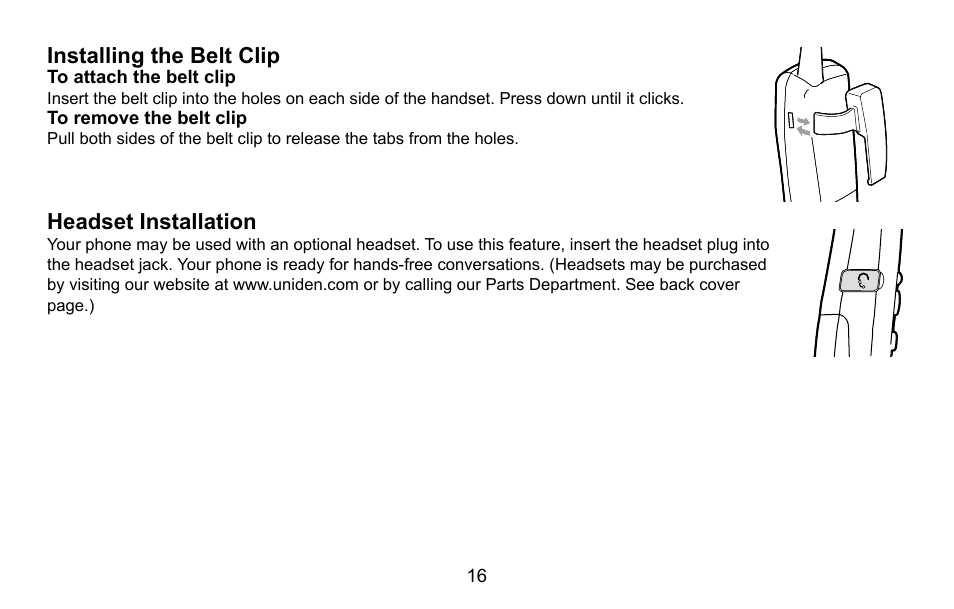 Installing the belt clip, To attach the belt clip, To remove the belt clip | Headset installation, Installing.the.belt.clip, Headset.installation | Uniden CXA 15698 User Manual | Page 17 / 72