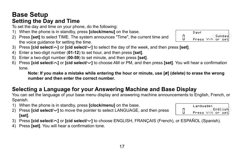 Base setup, Setting the day and time, Base.setup | Setting.the.day.and.time | Uniden CXA 15698 User Manual | Page 18 / 72