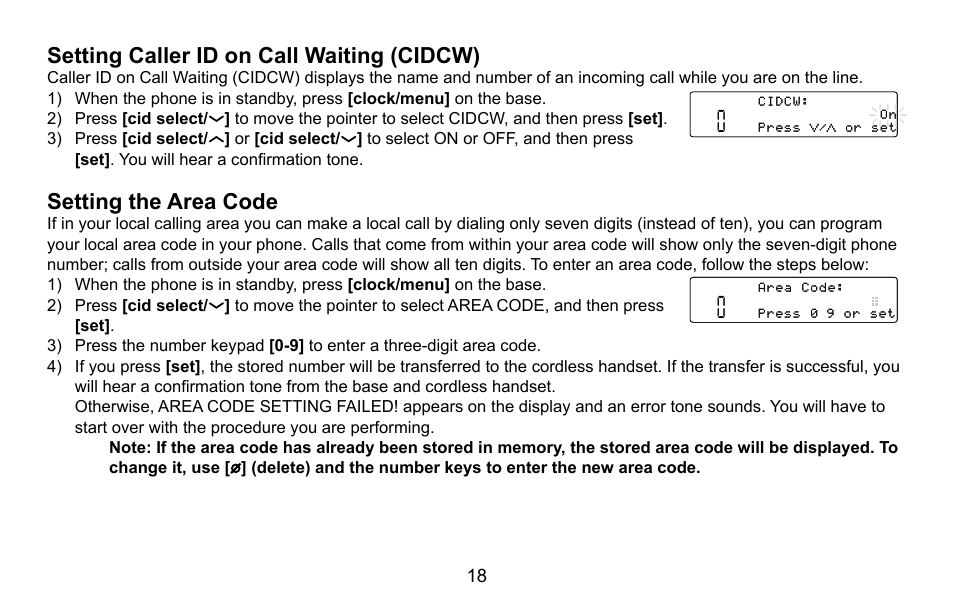 Setting caller id on call waiting (cidcw), Setting the area code, Setting.caller.id.on.call.waiting.(cidcw) | Setting.the.area.code | Uniden CXA 15698 User Manual | Page 19 / 72