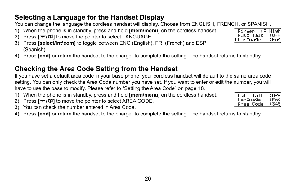 Selecting a language for the handset display, Checking the area code setting from the handset, Selecting.a.language.for.the.handset.display | Checking.the.area.code.setting.from.the.handset | Uniden CXA 15698 User Manual | Page 21 / 72