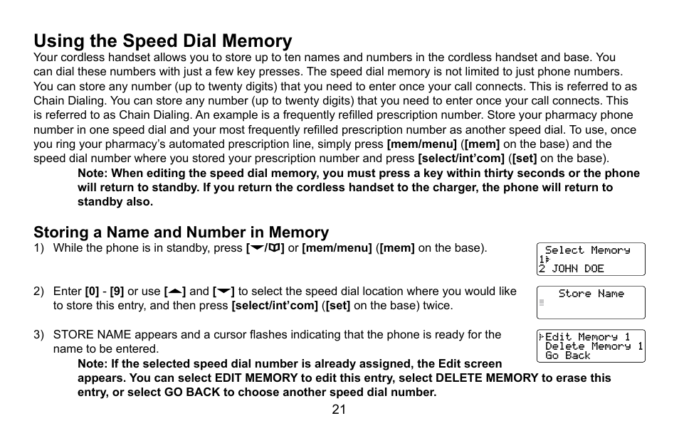 Using the speed dial memory, Storing a name and number in memory, Using.the.speed.dial.memory | Uniden CXA 15698 User Manual | Page 22 / 72