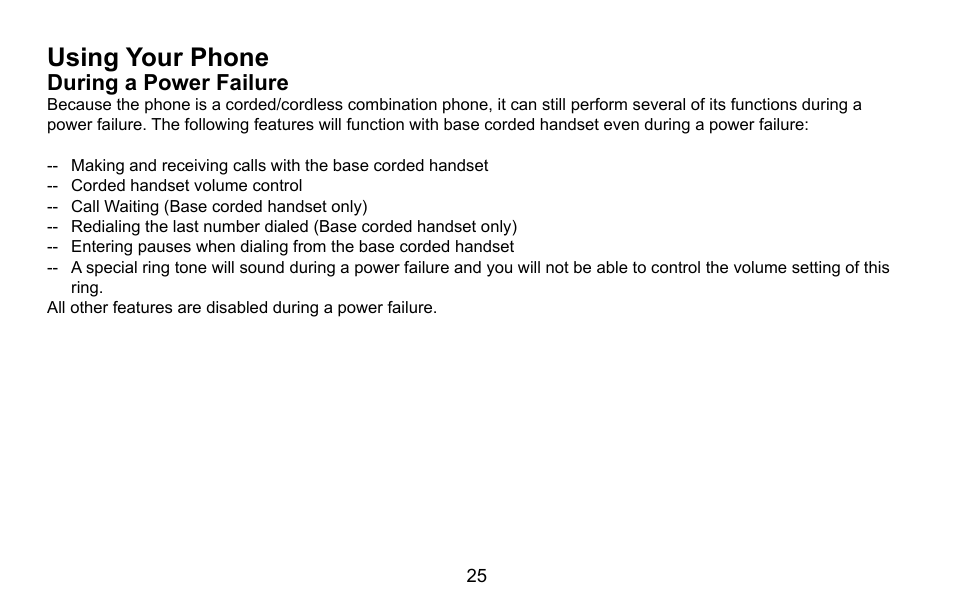 Using your phone, During a power failure, Using.your.phone | During.a.power.failure | Uniden CXA 15698 User Manual | Page 26 / 72