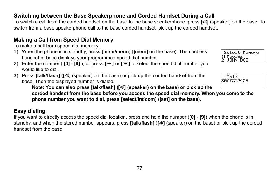 Making a call from speed dial memory, Easy dialing | Uniden CXA 15698 User Manual | Page 28 / 72