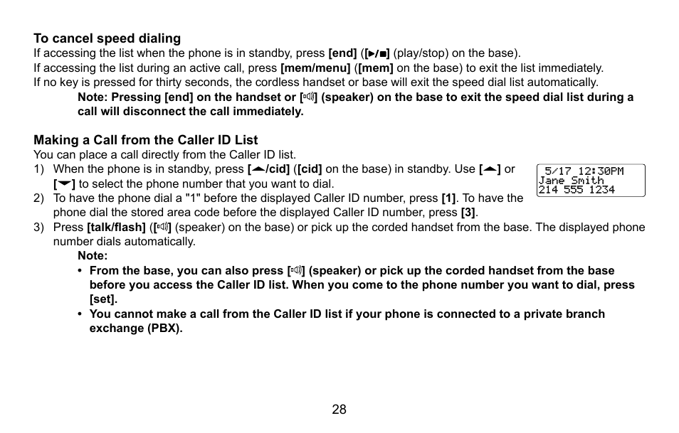 To cancel speed dialing, Making a call from the caller id list | Uniden CXA 15698 User Manual | Page 29 / 72