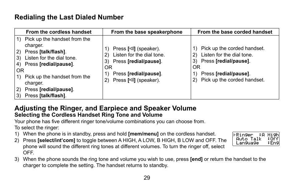 Redialing the last dialed number, Adjusting the ringer, and earpiece and, Speaker volume | Redialing.the.last.dialed.number | Uniden CXA 15698 User Manual | Page 30 / 72