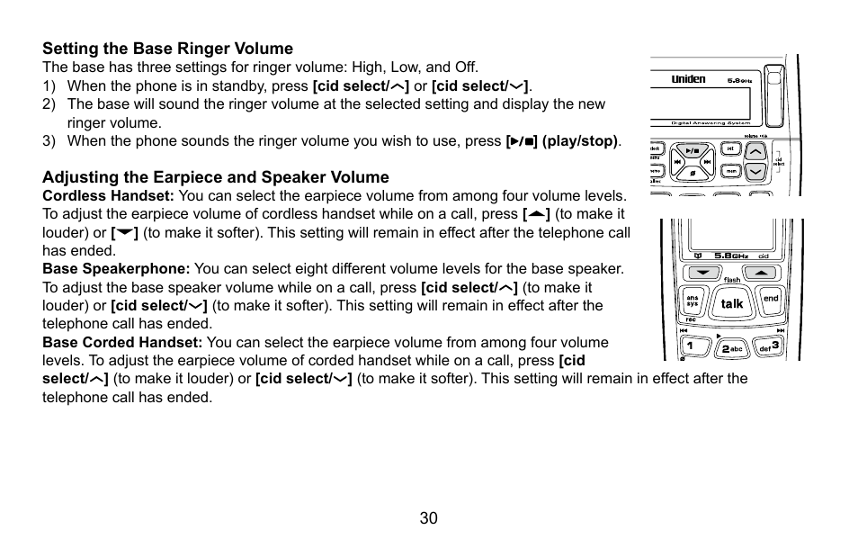 Adjusting the earpiece and speaker volume | Uniden CXA 15698 User Manual | Page 31 / 72