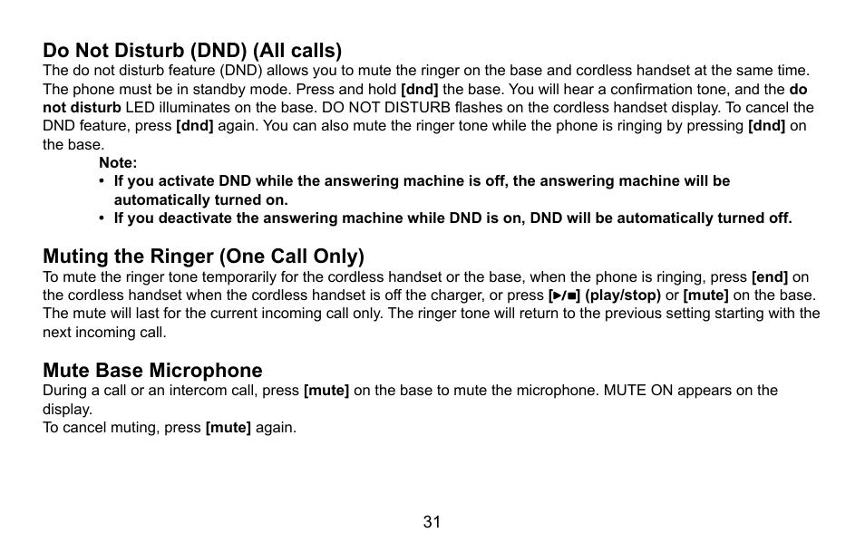 Do not disturb (dnd) (all calls), Muting the ringer (one call only), Mute base microphone | Do.not.disturb.(dnd).(all.calls), Muting.the.ringer.(one.call.only), Mute.base.microphone | Uniden CXA 15698 User Manual | Page 32 / 72