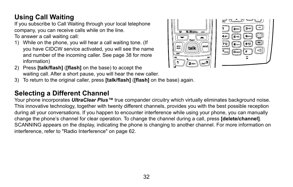 Using call waiting, Selecting a different channel, Using.call.waiting | Selecting.a.different.channel | Uniden CXA 15698 User Manual | Page 33 / 72