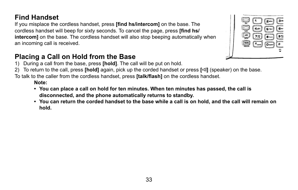 Find handset, Placing a call on hold from the base, Find.handset | Placing.a.call.on.hold.from.the.base | Uniden CXA 15698 User Manual | Page 34 / 72